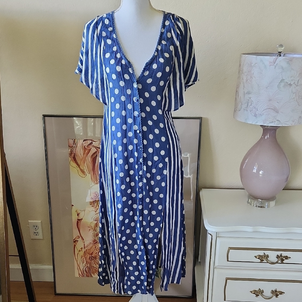 NWT Z&L Europe Polka Dot Striped Button Down Midi Dress M Blue White Summer